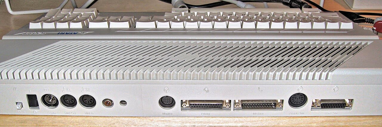 Rear ports of an original Atari 520ST, including MIDI OUT and MIDI IN