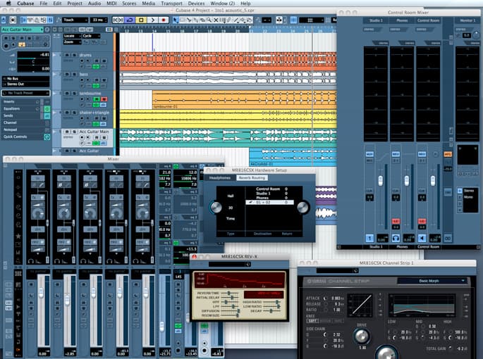 A modern version of Cubase with the project window, mixer and plug-ins open