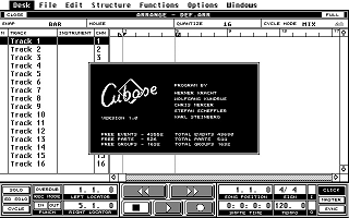Cubase 1.0 on the Atari ST: the Arrange window with its track list, and the version 1.0 about box